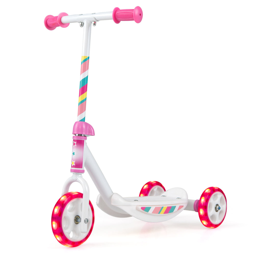 Pink toddlers kick scooter with LED light-up wheels, wide anti-slip deck, and sturdy metal frame for stability and.