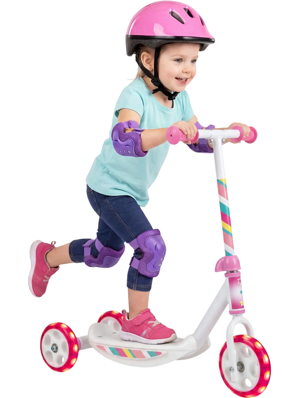 Toddler riding a pink kick scooter with LED light-up wheels and wide anti-slip deck for enhanced stability and safety.
