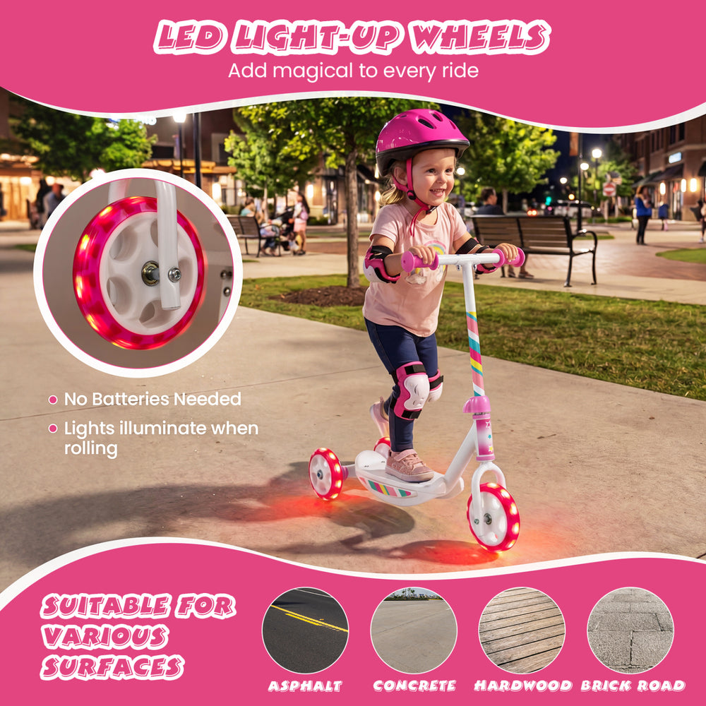 Pink toddler kick scooter with LED light-up wheels, wide anti-slip deck, and 3-wheel design for stability on various.