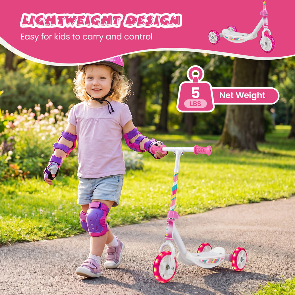 Toddlers kick scooter in pink with LED light-up wheels, featuring a wide anti-slip deck for enhanced stability and.