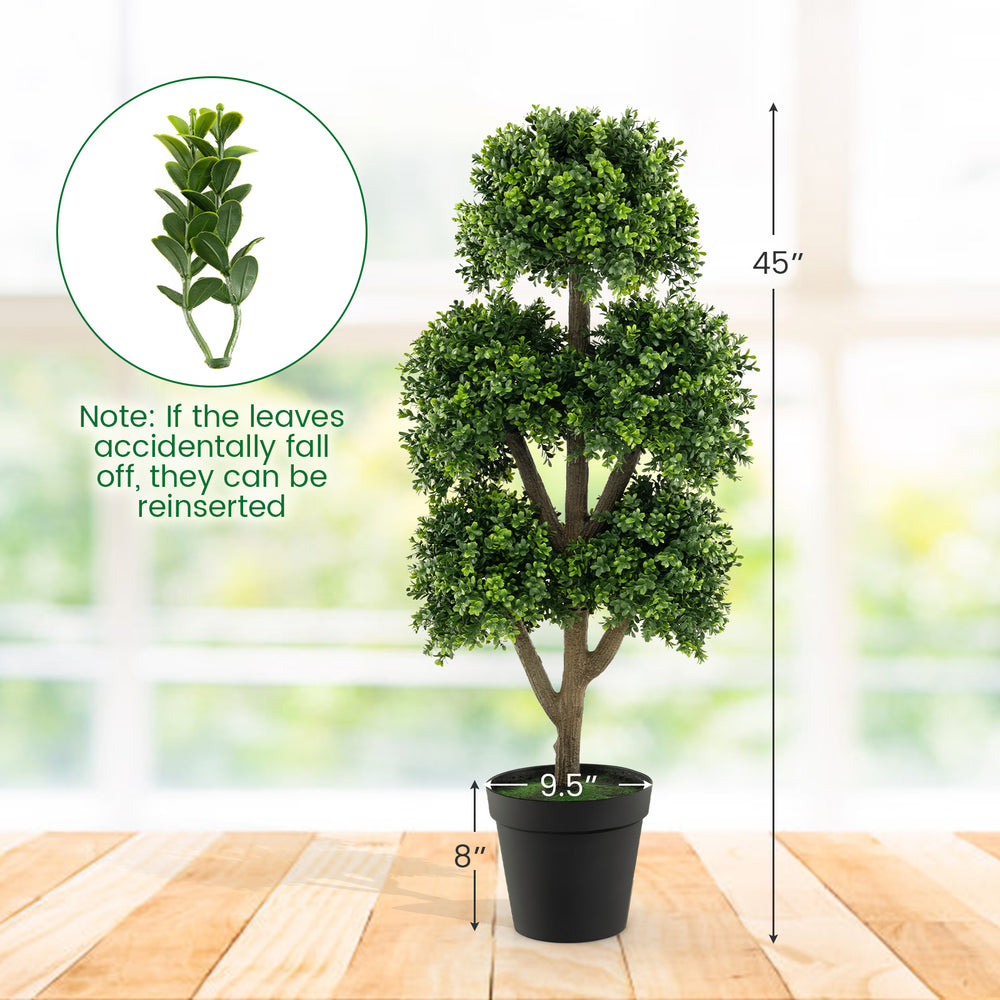 45-inch artificial boxwood topiary ball tree with lush PE leaves and a stable cement-filled base, ideal for home decor.