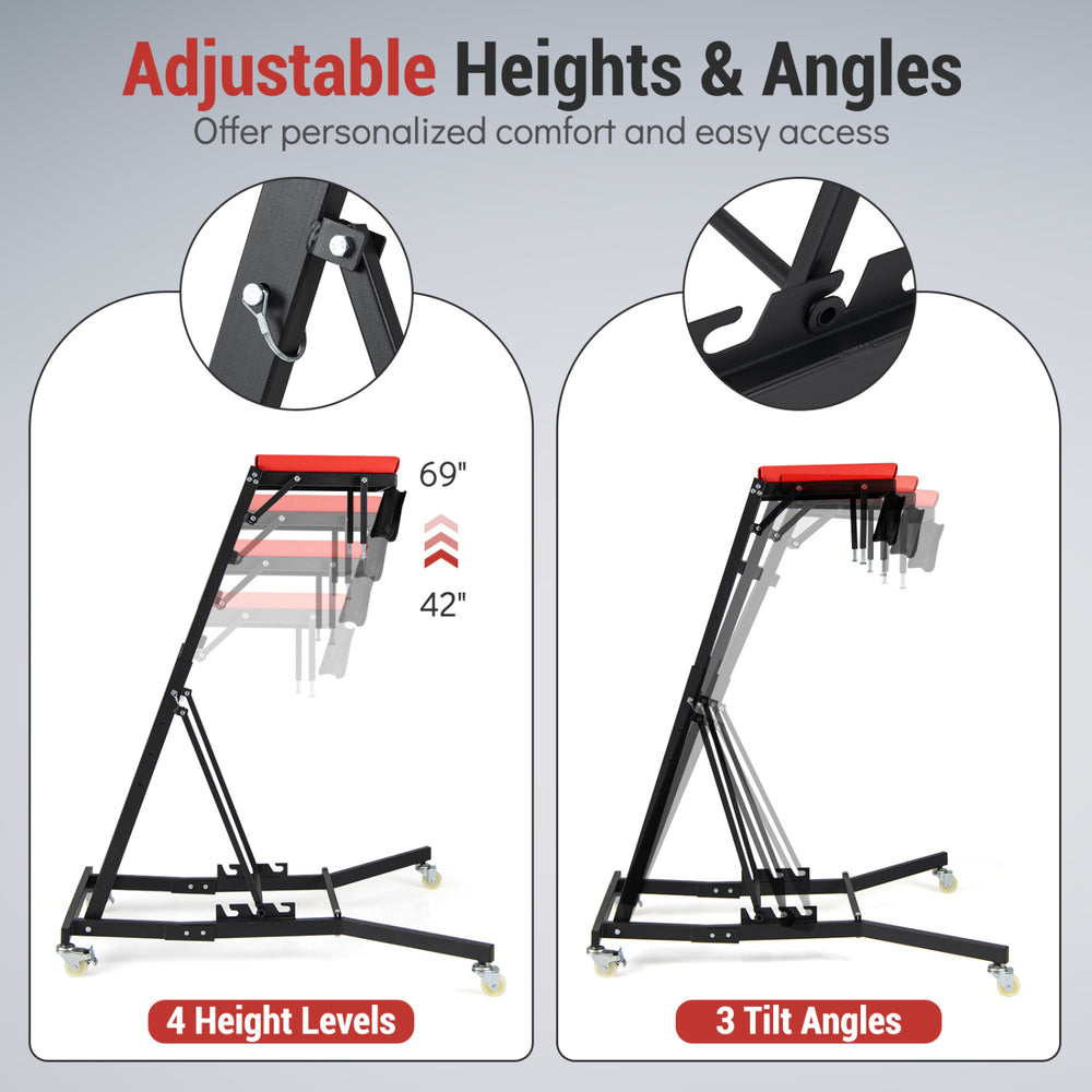 Topside Automotive Engine Creeper showing adjustable heights and angles, with a capacity of 400 lbs for garage use.