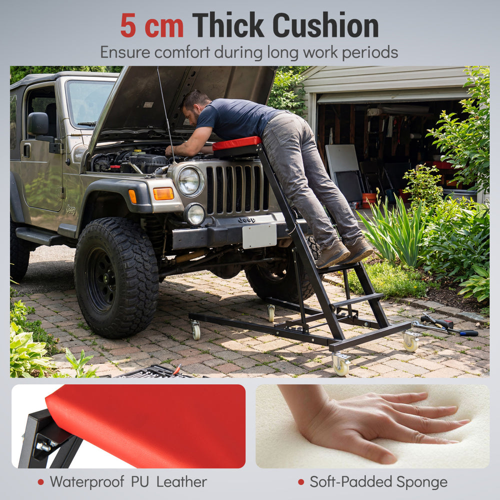 Topside automotive engine creeper with 5 cm thick cushion, adjustable height, and 400 lbs capacity for garage use.