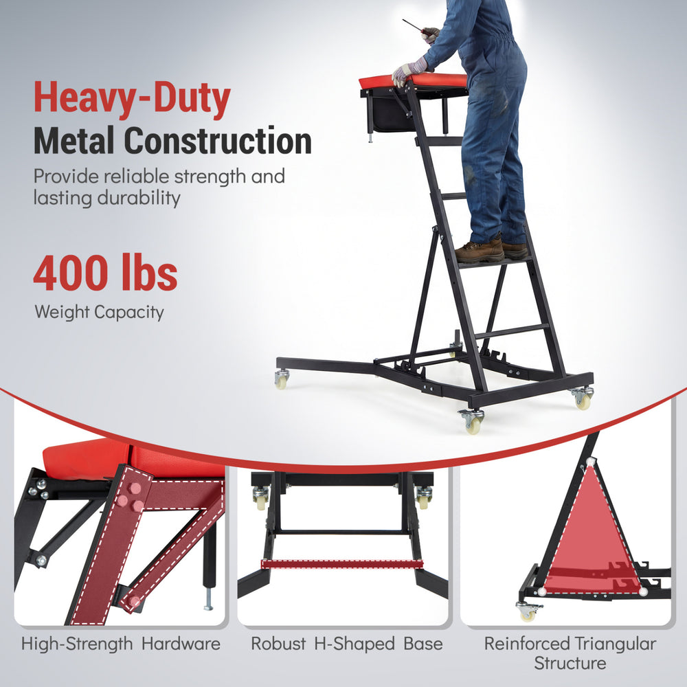 Topside automotive engine creeper with heavy-duty metal construction, 400 lbs capacity, and adjustable height for.