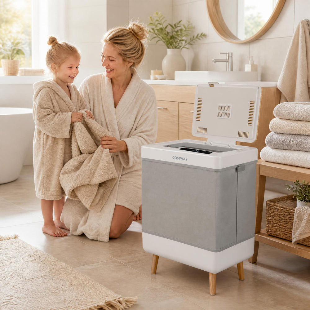 Towel warmer bucket with built-in rack for organized storage, quick heating, and auto shut-off for safety in bathrooms.