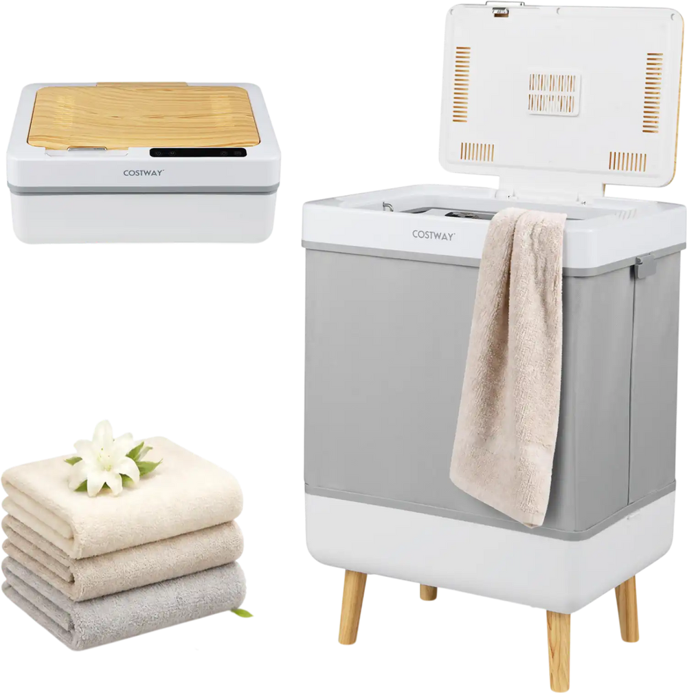 Towel warmer bucket with foldable design, 600W heating, and 9.5-gallon capacity for quick towel warming in bathrooms.