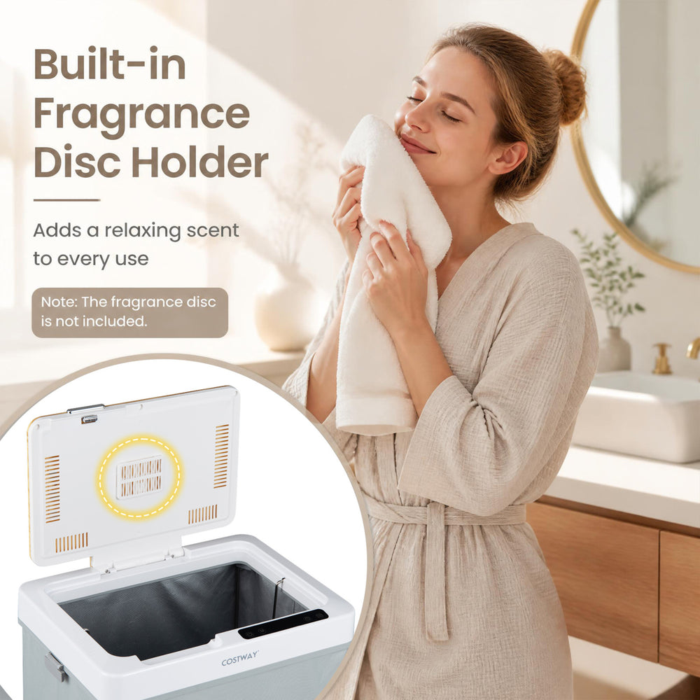 Towel warmer bucket with a built-in fragrance disc holder, 9.5-gallon capacity, and foldable design for easy storage.