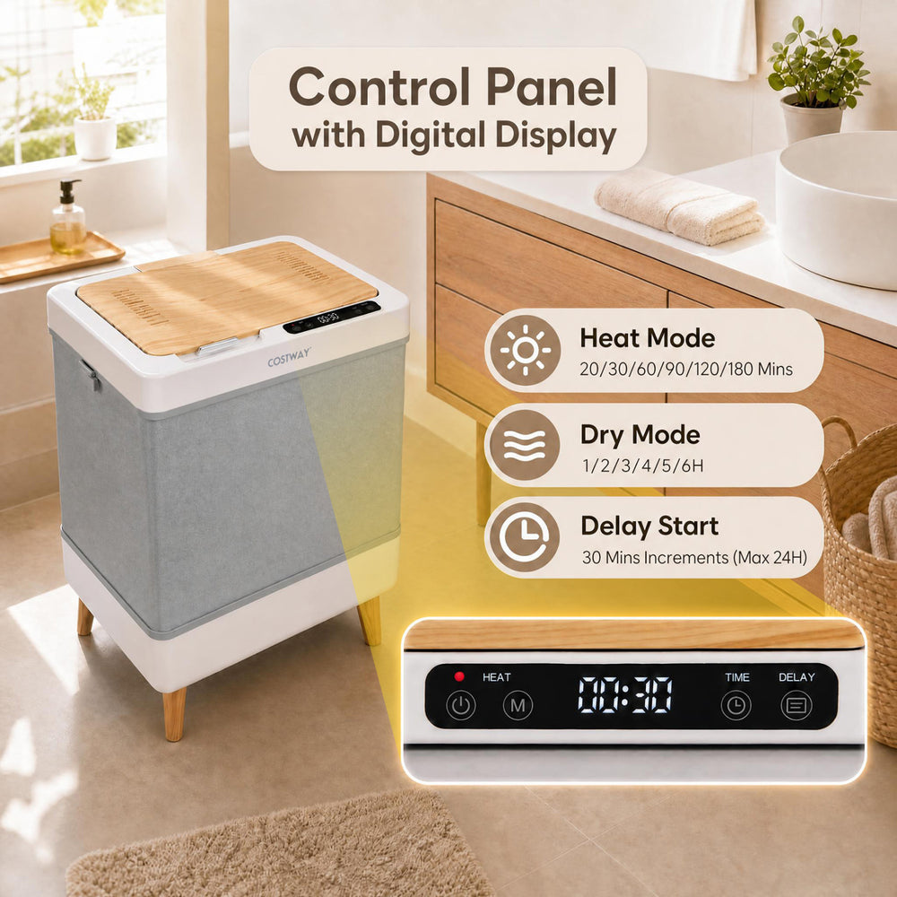 Towel warmer bucket with a foldable design, 600W heating, and digital control panel for efficient towel warming.