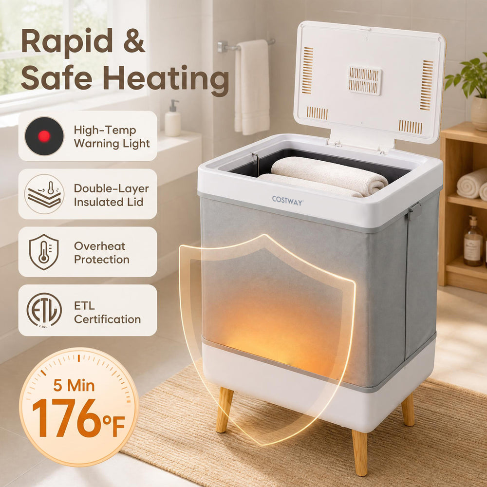 Towel warmer bucket with a 600W heating system, foldable design, and auto shut-off for safe and efficient warming.
