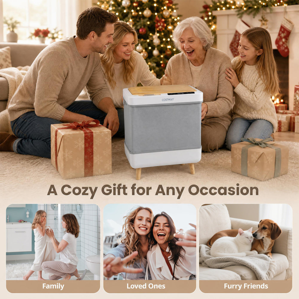 Towel warmer bucket with foldable design, 600W heating, and auto shut-off for safe and efficient towel warming.