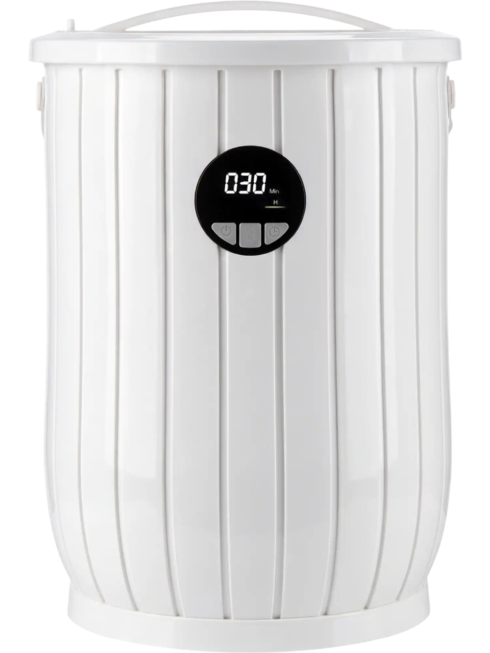Towel warmer heated bucket in white with 20L capacity, adjustable timer, and built-in fragrance tray for a soothing experience.