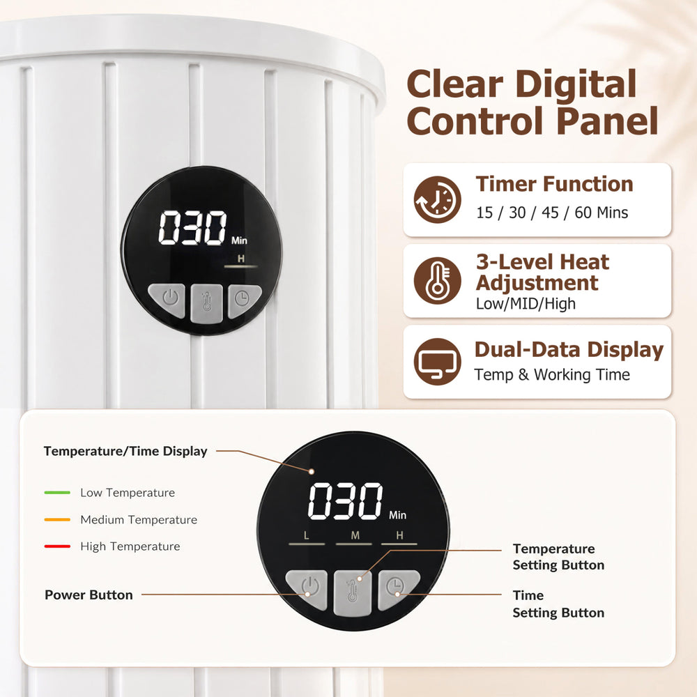 Digital control panel of the Towel Warmer Heated Bucket with timer, temperature settings, and dual-data display features.