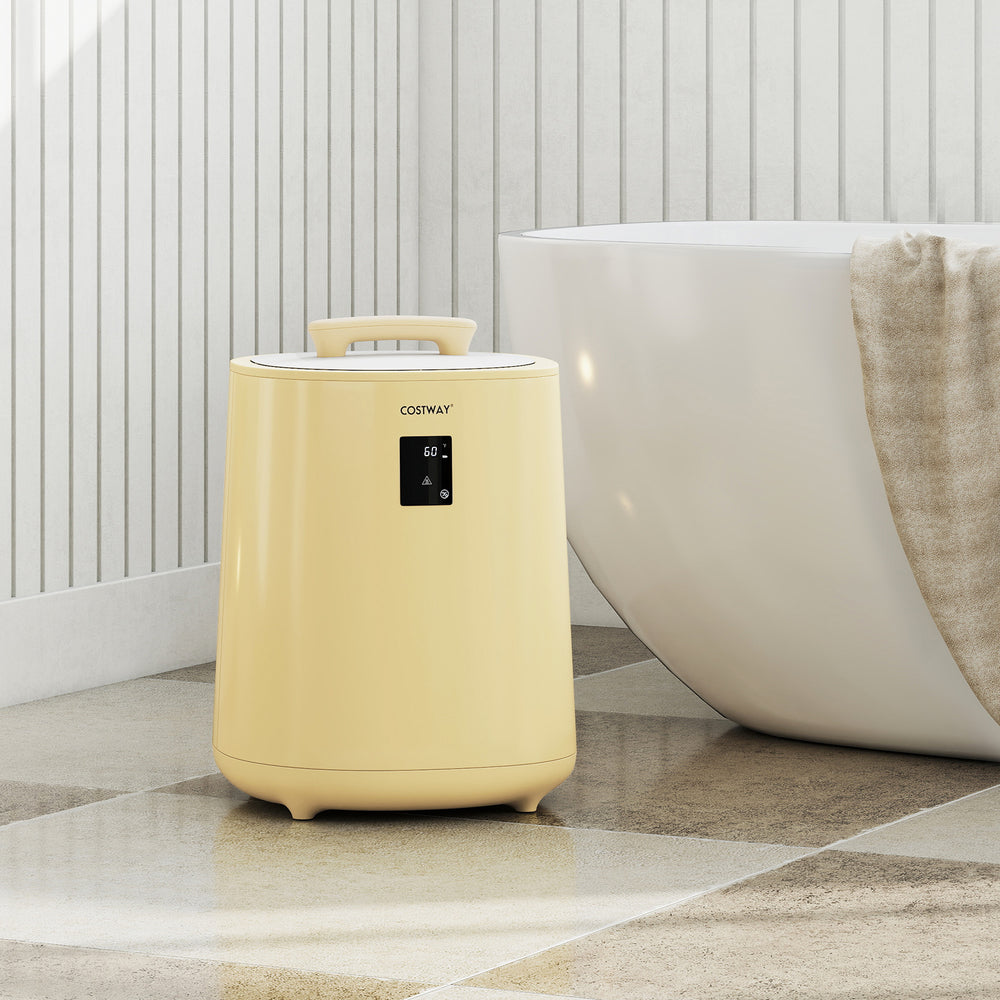 Yellow 18L towel warmer with LED display, accommodating large towels, ideal for cozy warmth in bathrooms.