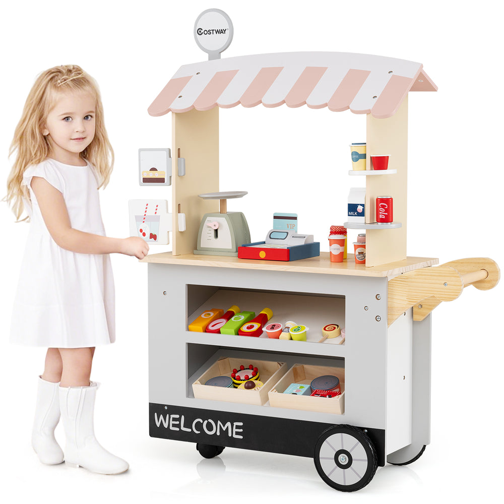 Toy cart play set in grey with POS machine, scale, and 30 accessories for imaginative play and easy mobility.