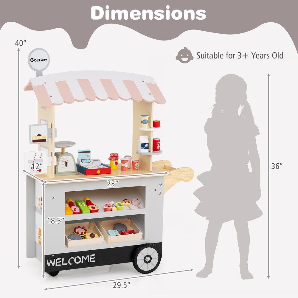 Toy cart play set in grey with POS machine, scale, and 30 accessories for kids aged 3+, featuring a wide countertop.