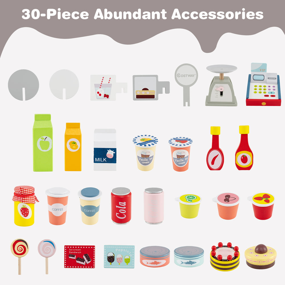 Toy cart play set with POS machine and scale, featuring 30 colorful accessories for imaginative play and fun.