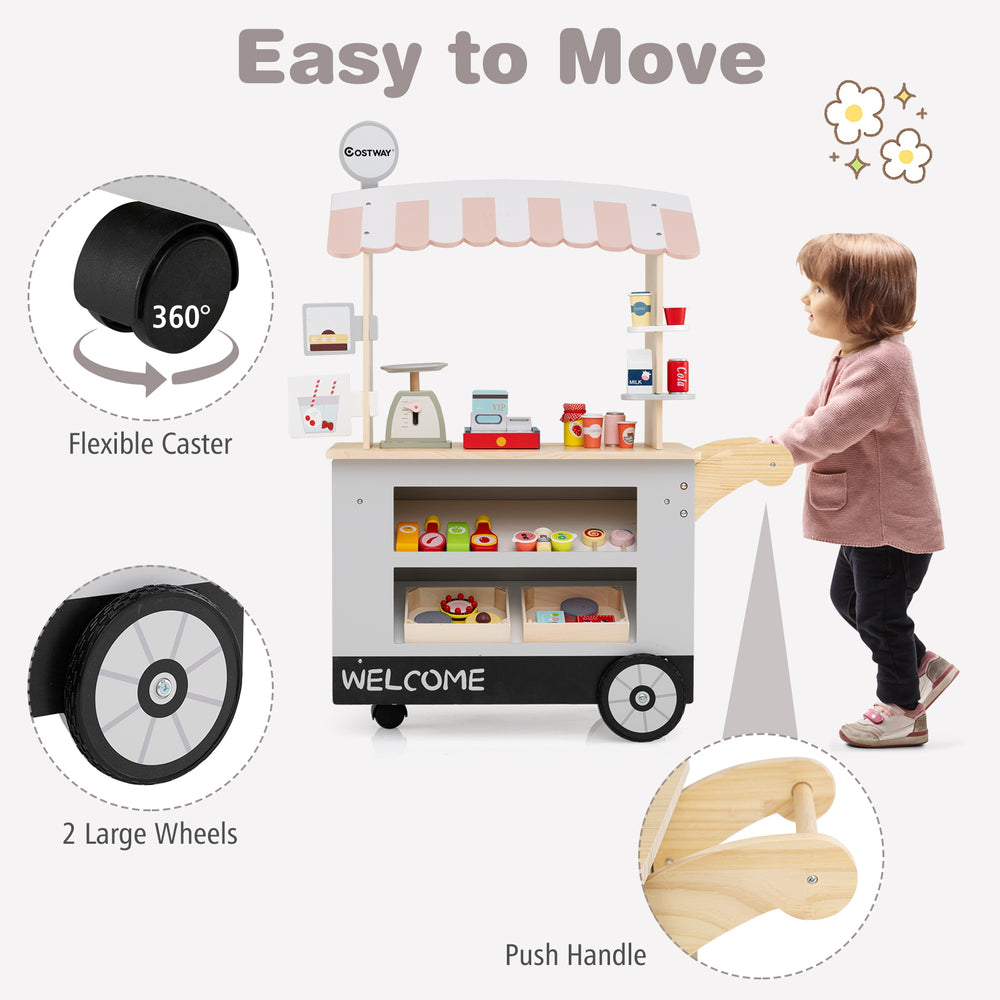 Toy cart play set with POS machine, large wheels, and push handle for kids, designed for imaginative play and easy.