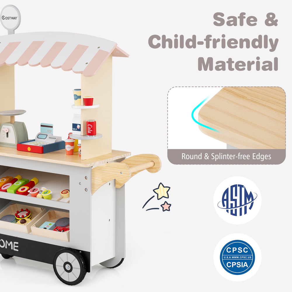 Toy cart play set in grey with POS machine, featuring round edges and 30 accessories for kids aged 3 and up.