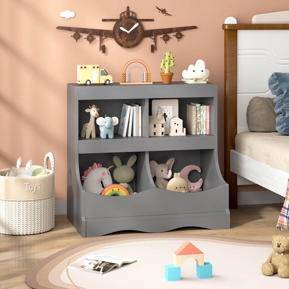 Gray toy storage organizer with 4 cubbies, perfect for kids' books and toys, designed for safety and easy access.