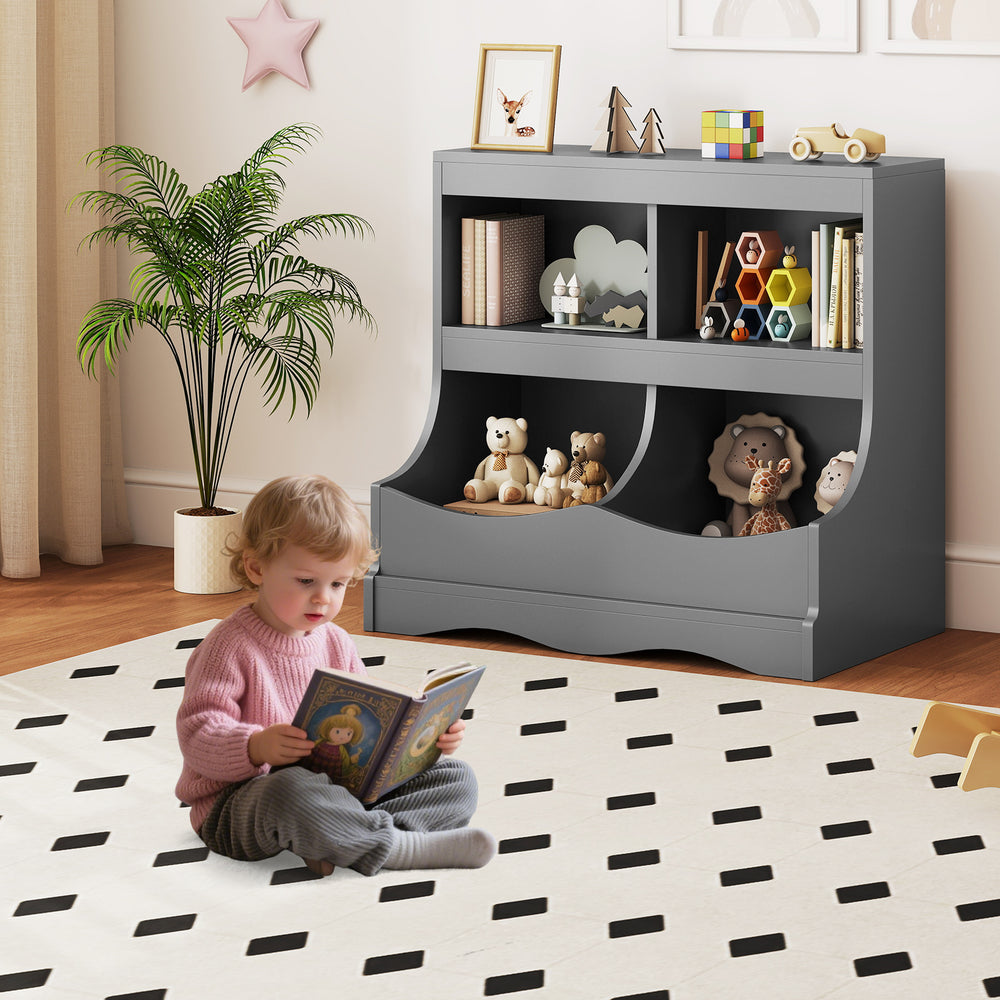 Gray toy storage organizer with 4 cubbies, perfect for kids' books and toys, placed in a playroom setting.