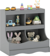 Gray toy storage organizer with 4 cubbies, perfect for kids' books and toys, ideal for playrooms and bedrooms.