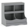 Gray toy storage organizer with 4 cubbies, designed for kids' rooms, playrooms, and bedrooms, featuring smooth edges.