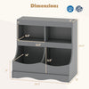 Dimensions of the gray Toy Storage Organizer with 4 cubbies, designed for kids' toys and books, showcasing safety.