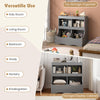 Gray toy storage organizer with 4 cubbies, designed for kids' rooms, featuring rounded edges and anti-toppling kits.