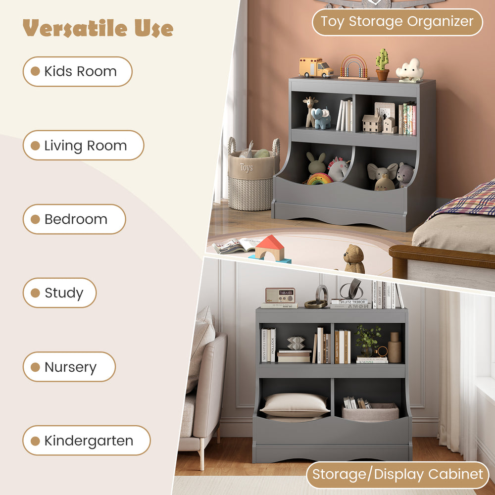 Gray toy storage organizer with 4 cubbies, designed for kids' rooms, featuring rounded edges and anti-toppling kits.