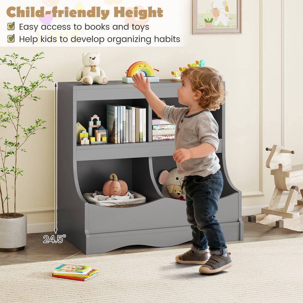 Toy storage organizer in gray with 4 cubbies, designed for child-friendly access to books and toys in a kids' room.