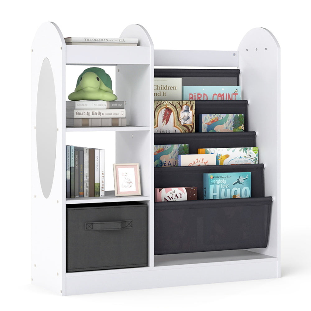 Toy storage organizer with 4-tier sling shelves and a large drawer, designed for kids' books and accessories in white.