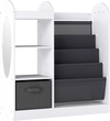 Toy storage organizer in white with 4-tier sling shelves, mirror, and fabric drawer for kids' play area organization.