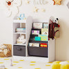 Toy storage organizer with 4-tier sling shelves in white, featuring a large drawer and hooks for kids' accessories.