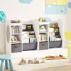 Toy storage organizer with 4-tier sling shelves and large drawer, designed for kids' play areas and easy access.