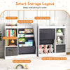 Toy storage organizer with 4-tier sling shelves, large drawer, and hooks for kids' clothes and accessories in white.