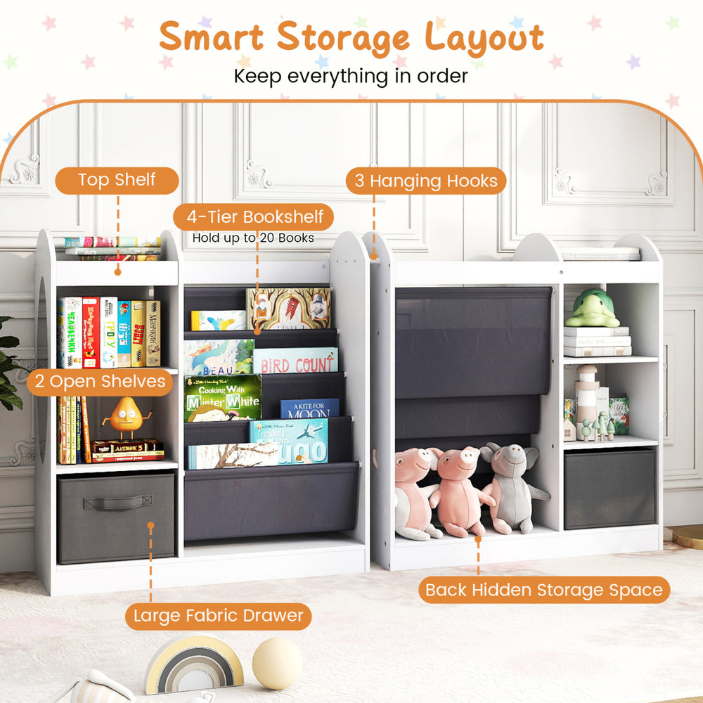 Toy storage organizer with 4-tier sling shelves, large drawer, and hooks for kids' clothes and accessories in white.