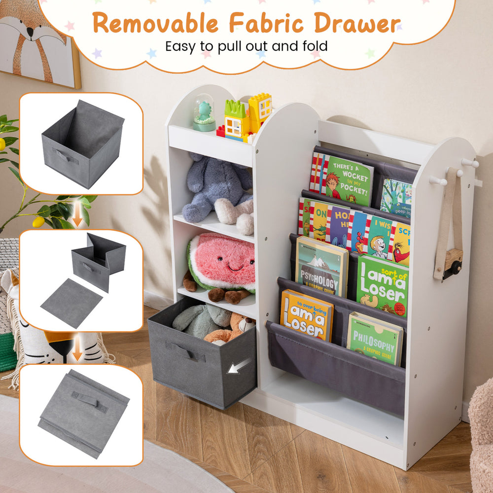 Toy storage organizer with 4-tier sling shelves and removable fabric drawer for easy cleanup, ideal for kids' play.