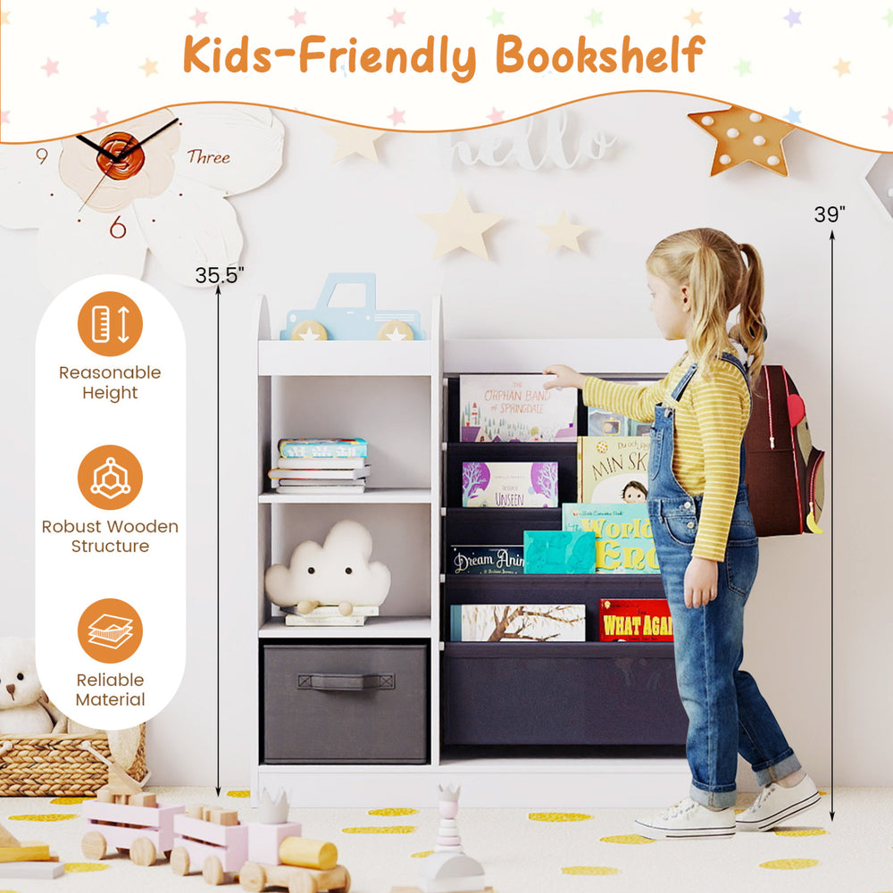 Kids-friendly bookshelf with 4-tier sling shelves, white MDF, and pine wood, designed for easy access and organization.