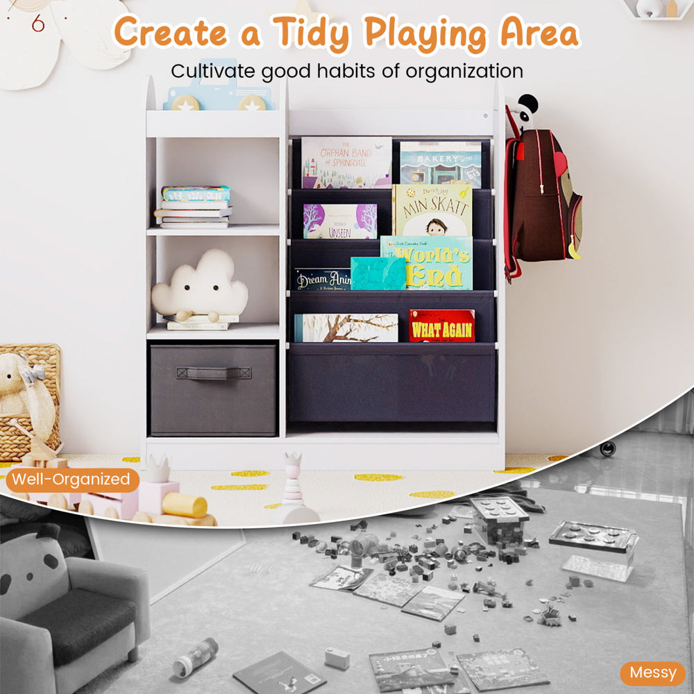 Toy storage organizer with 4-tier sling shelves in white, featuring a large drawer and hooks for kids' play area.