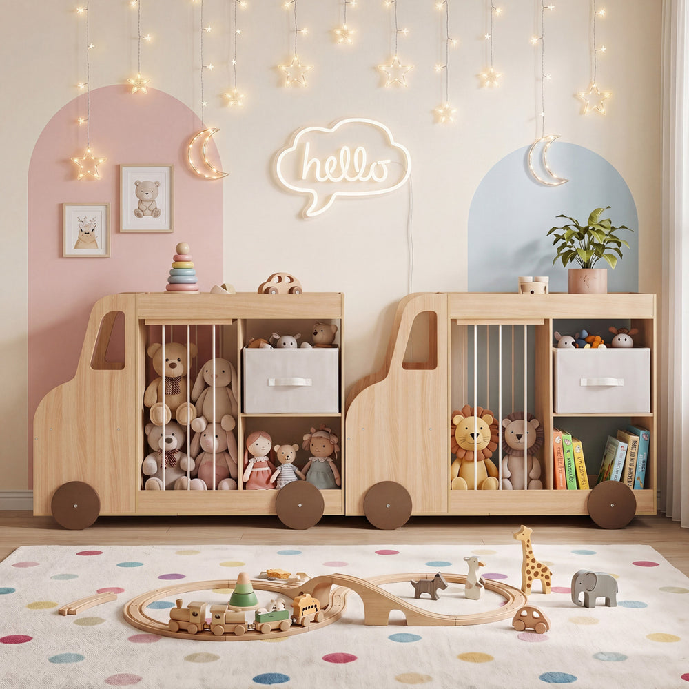 Toy storage organizer in car shape with open shelves and fabric drawer, ideal for playroom and nursery use.