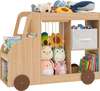 Toy storage organizer in car shape with open shelves, fabric drawer, and wheels for easy mobility in playroom or.