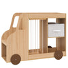 Car-shaped toy storage organizer in natural wood with fabric drawer and wheels, ideal for playrooms and nurseries.