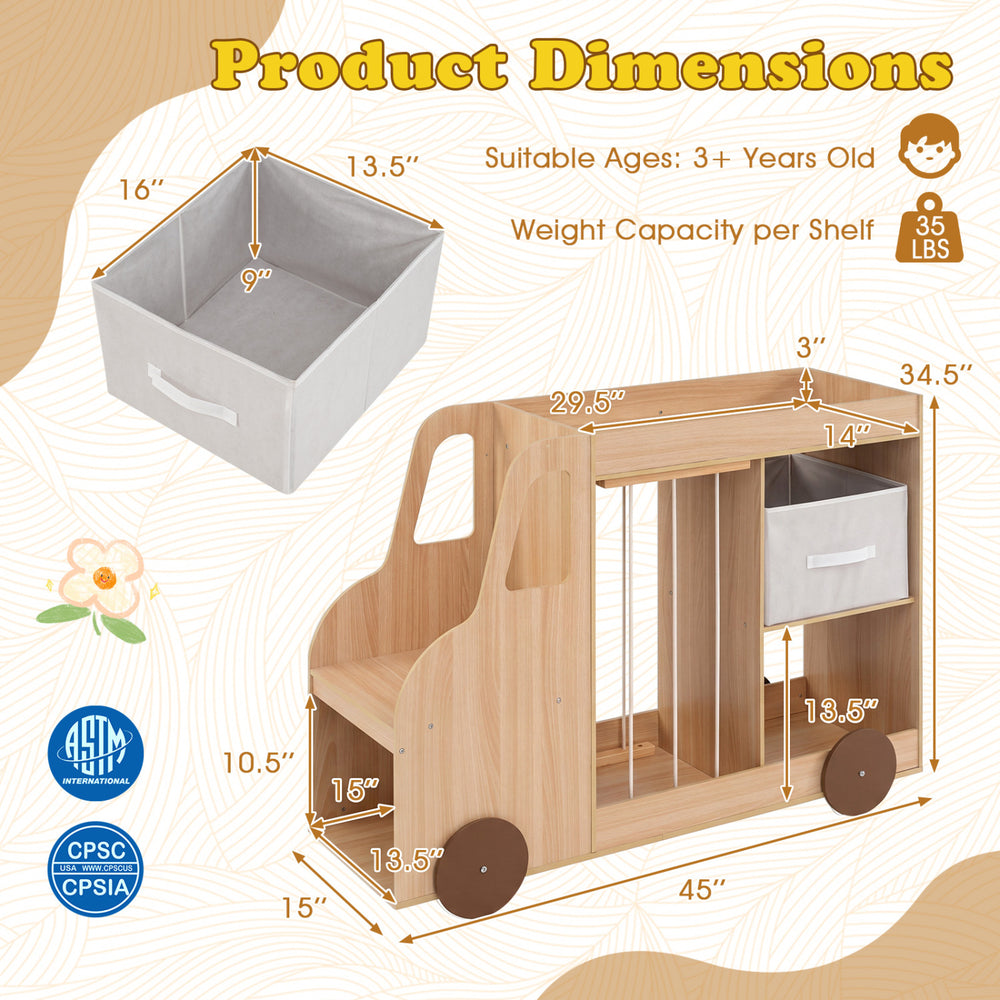 Toy storage organizer with car shape, fabric drawer, and wheels, ideal for kids' playroom and nursery organization.