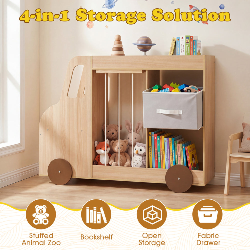 Toy storage organizer in car shape with open shelves, fabric drawer, and wheels, ideal for playrooms and nurseries.
