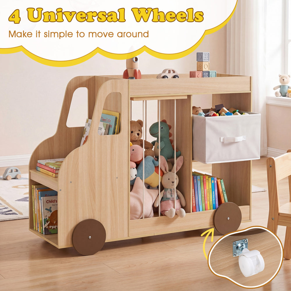 Toy storage organizer in car shape with universal wheels, fabric drawer, and open shelves for easy access to toys and.
