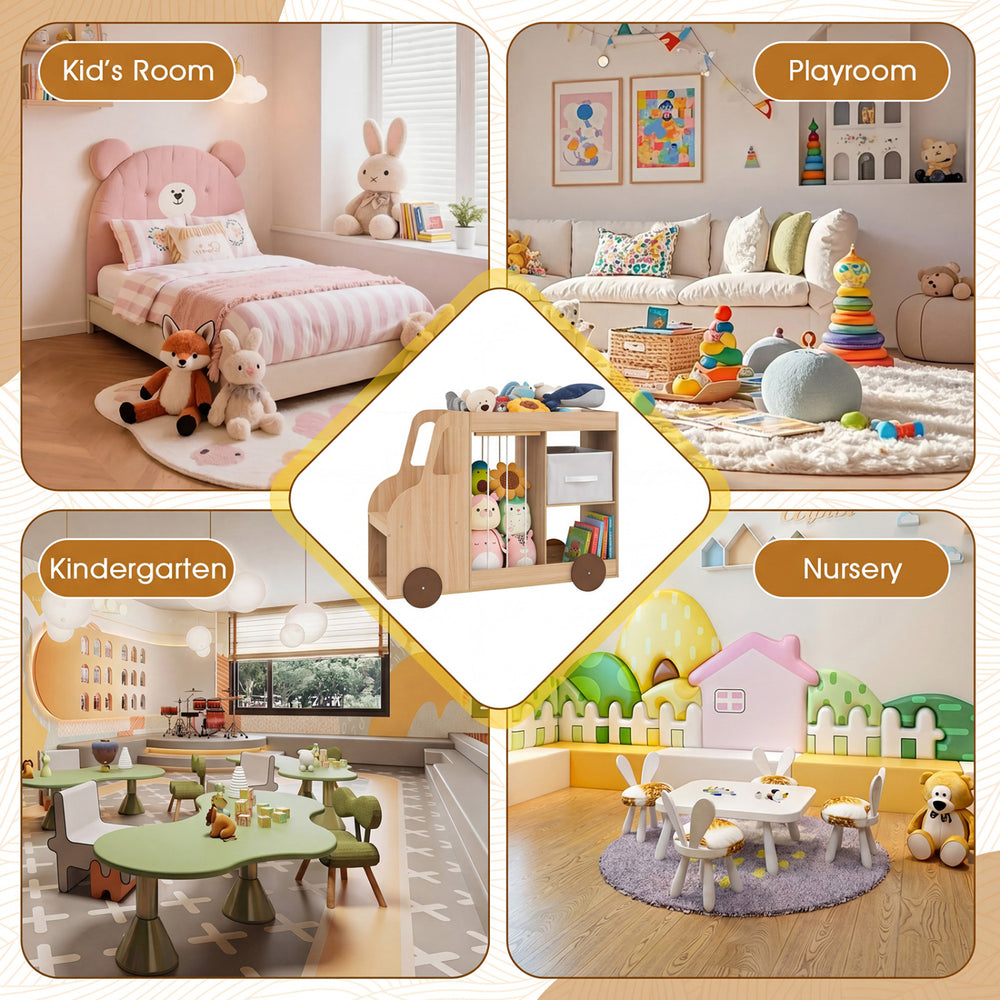 Toy storage organizer with fabric drawer and wheels, designed for easy access in playrooms and nurseries.