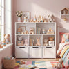 Toy storage organizer in white and pink with 5 open cubbies and 3 movable drawers, ideal for kids' rooms and playrooms.