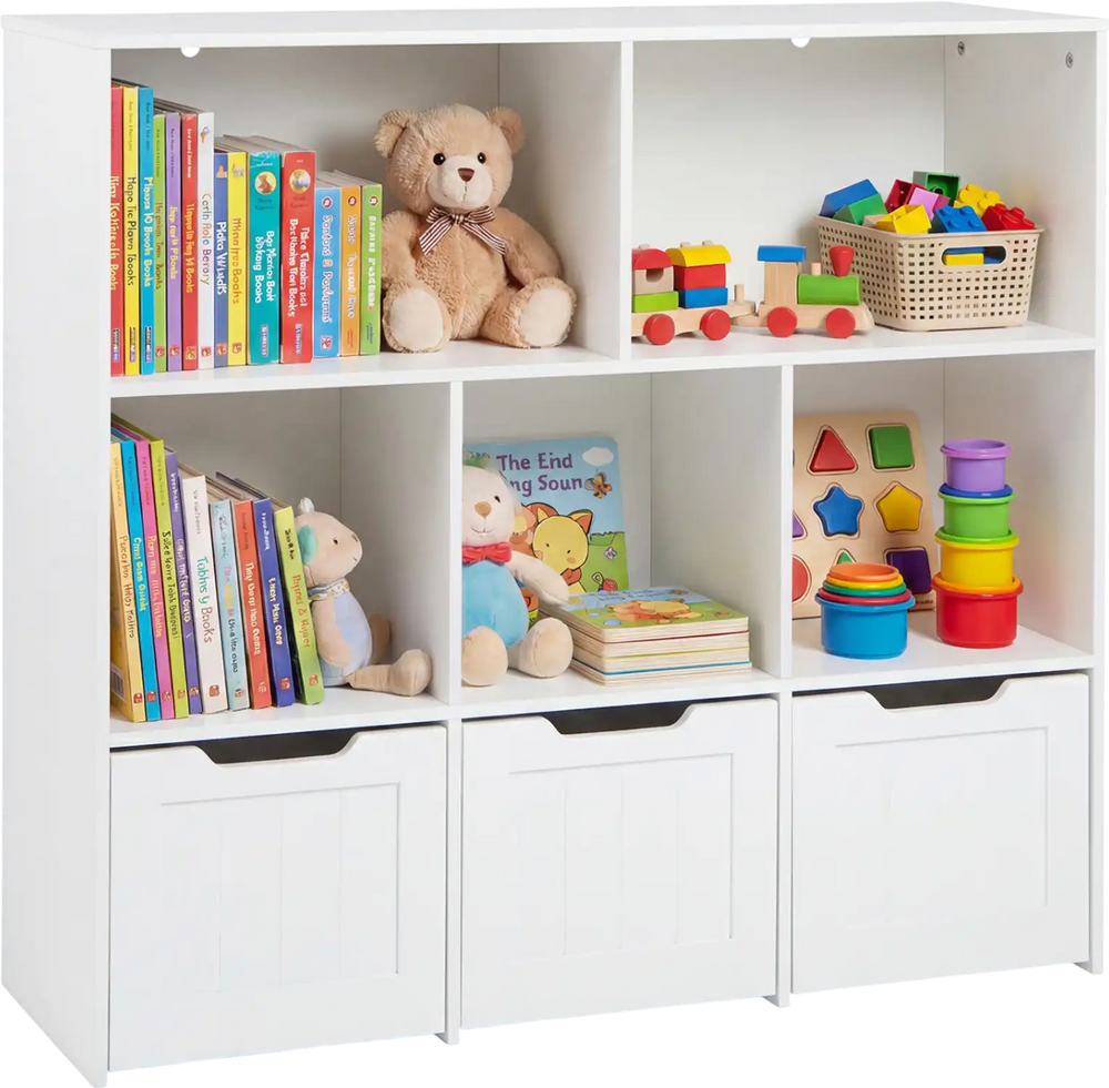 Toy storage organizer in white with 5 open cubbies and 3 movable drawers, ideal for playrooms and nurseries.