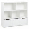 Toy storage organizer in white with 3 movable drawers and 5 open cubbies, ideal for playrooms and bedrooms.