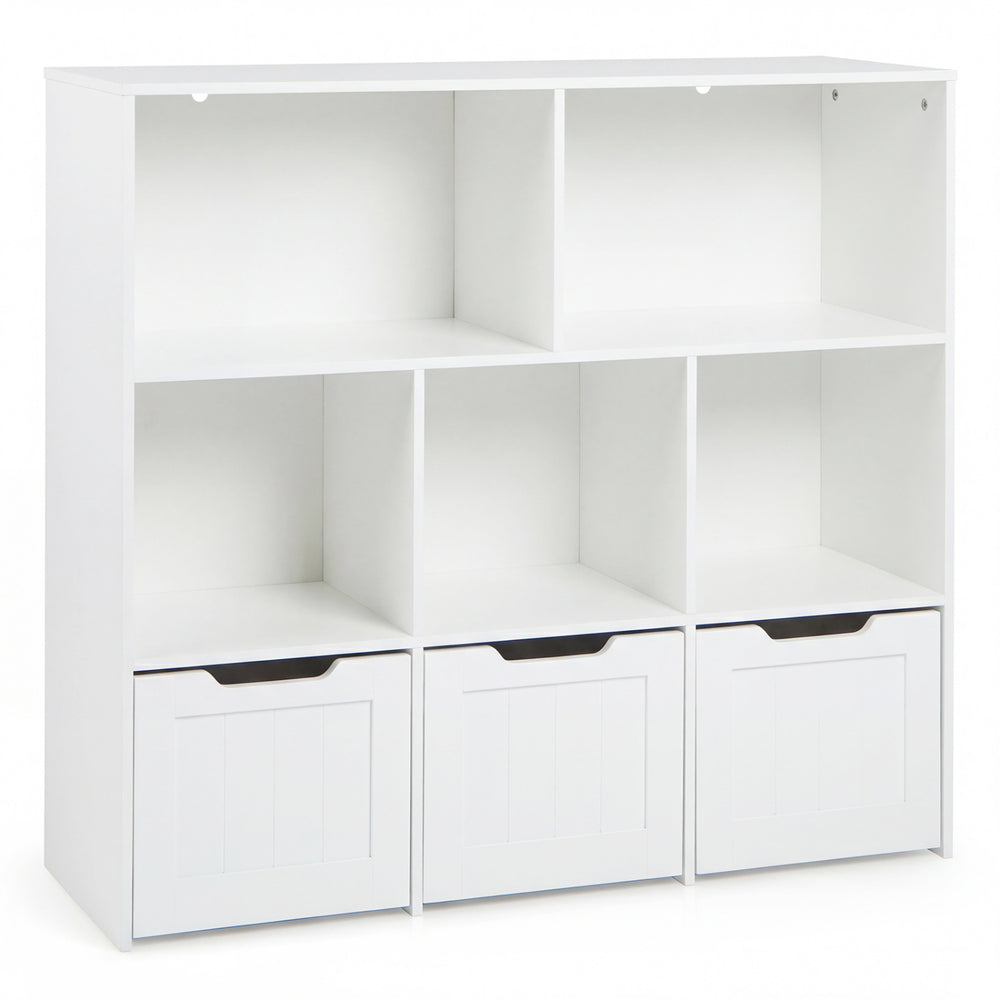 Toy storage organizer in white with 3 movable drawers and 5 open cubbies, ideal for playrooms and bedrooms.